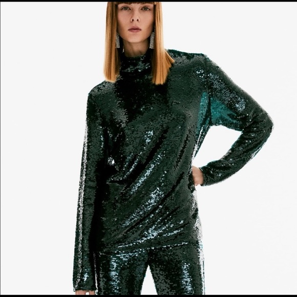 Zara | Tops | Zara Deep Teal Forest Green Sequin Turtleneck Long Sleeve Top  Blouse Zip | Poshmark